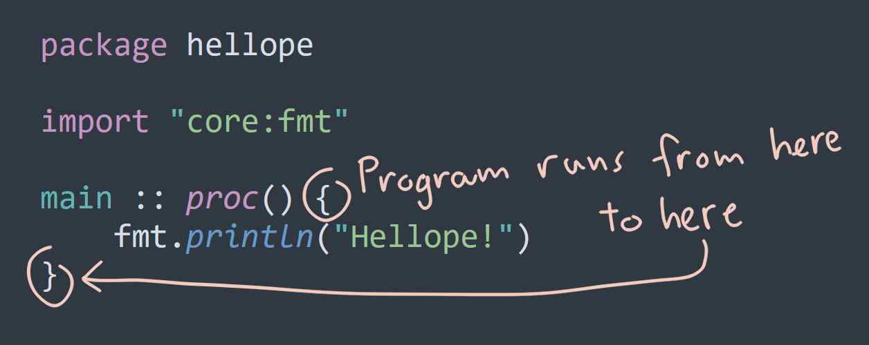 The program runs from the opening brace to the closing brace