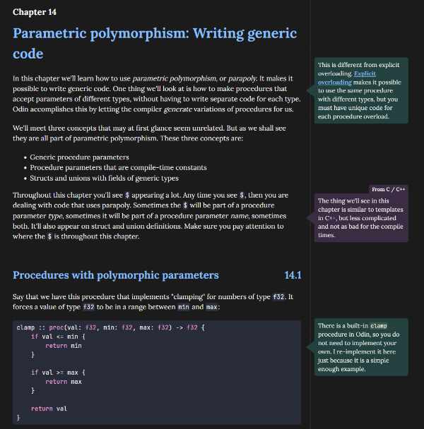 Shows how the book looks in the HTML format. There's a heading saying 'Parametric polymorphism'. There is some text and some extra information bubbles on the side. There is also some code near the bottom of the image.